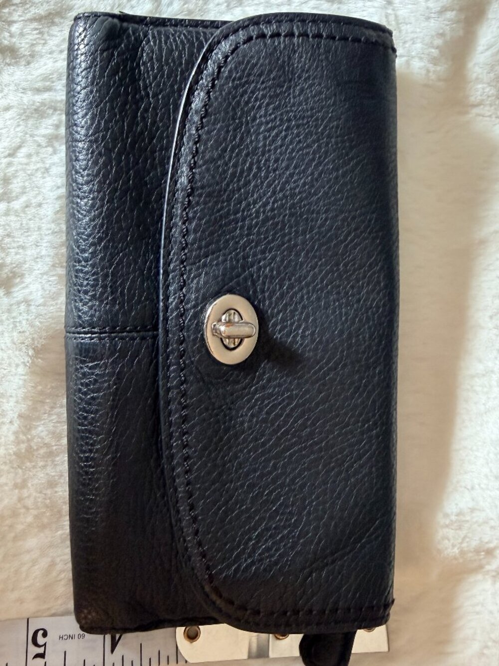 Luxe Black Genuine Pebbled Leather Turnlock Slim Envelope Wallet Clutch